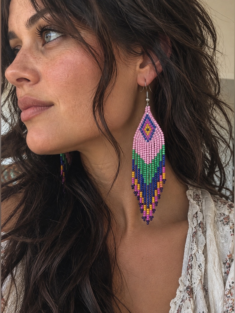 Boho Pink Seed Beaded Fringe Earrings